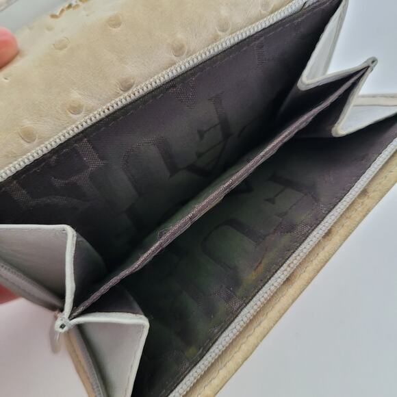 Furla Italian Trifold Wallet Medium Ostrich Leather Gray Designer Compact Logo - Picture 10 of 11